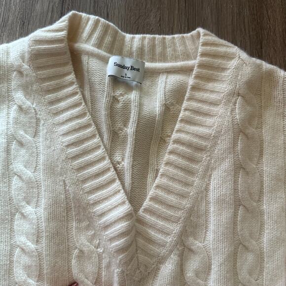 Sunday Best Cable Knit Wool Blend Sweater Ivory V-Neck Pullover SzS SoftNeutral - Picture 4 of 10